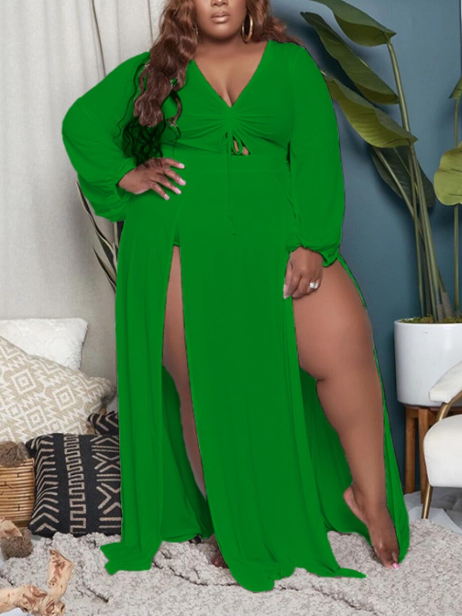 

LW Plus Size V Neck Split Drawstring Dress, Green