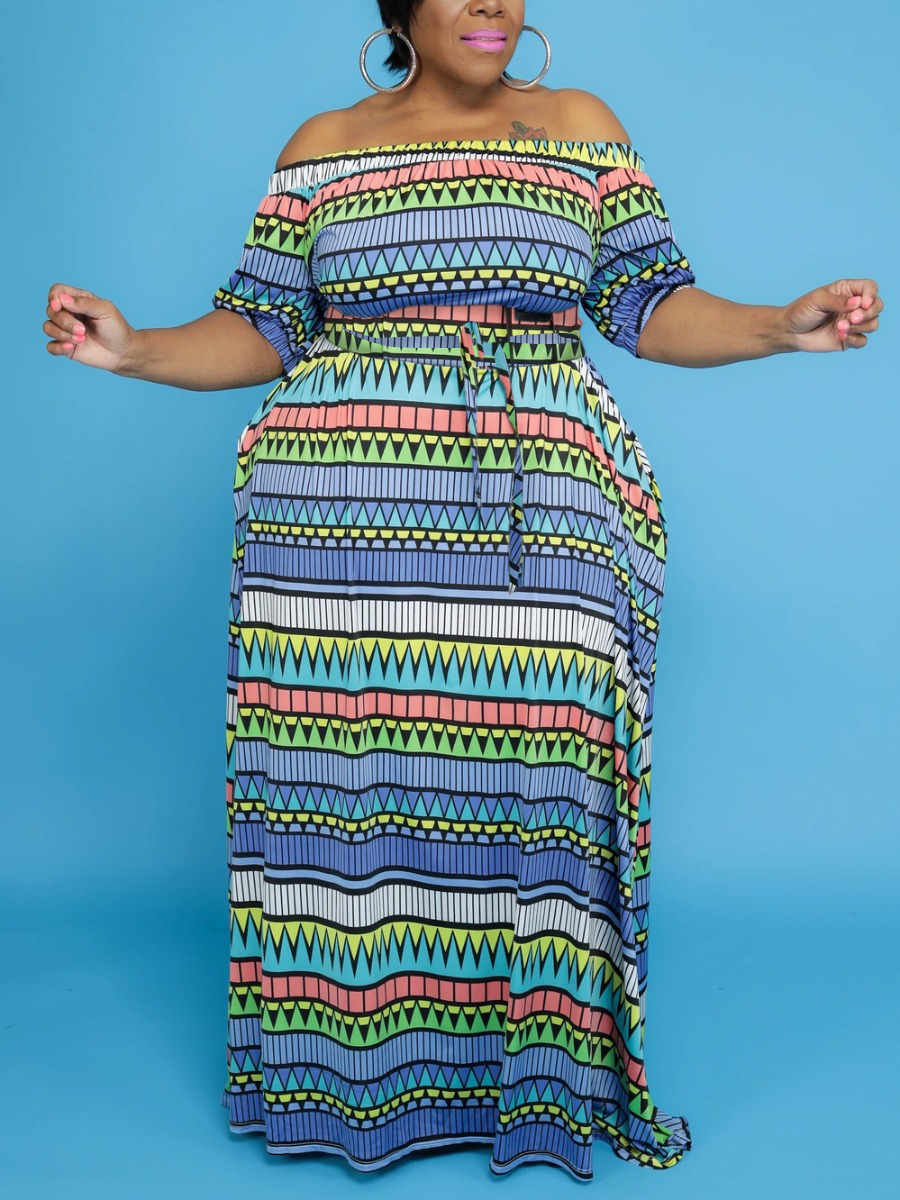 

Lovely Plus Size Boho Off The Shoulder Striped Blue Floor Length Dress