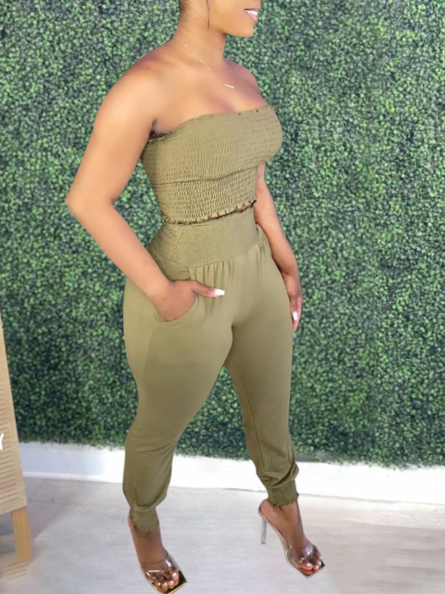 

Lovely Casual Off The Shoulder Shirred Green Two Piece Pants Set