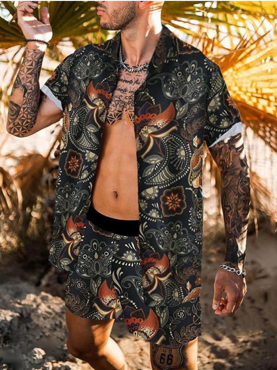 

Lovely Men Boho Turndown Collar Mixed Print Black Two Piece Shorts Set