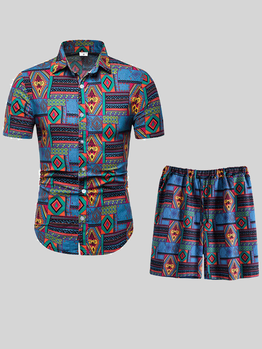 

LW Men Boho Geometric Print Drawstring Multicolor Two Piece Shorts Set, Multi