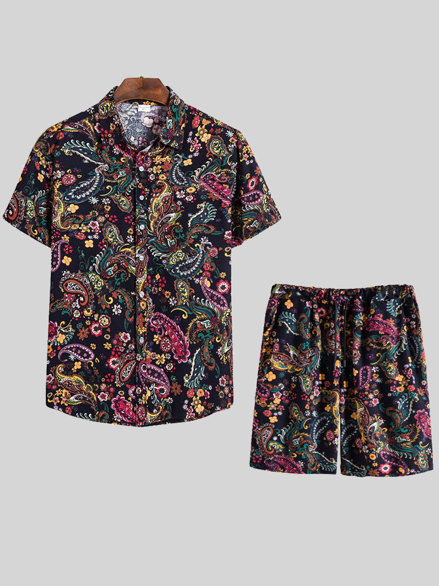 

Lovely Men Boho Print Patchwork Multicolor Two Piece Shorts Set, Multi