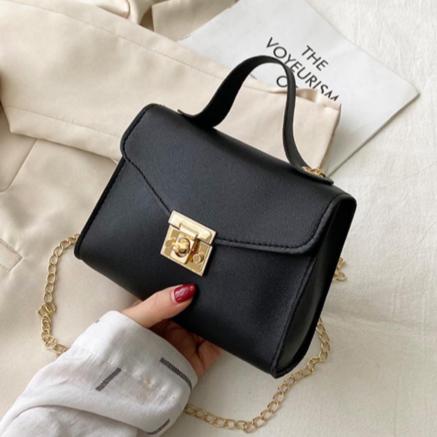 LW Faux Leather Chain Strap Metallic Lock Crossbody Bag