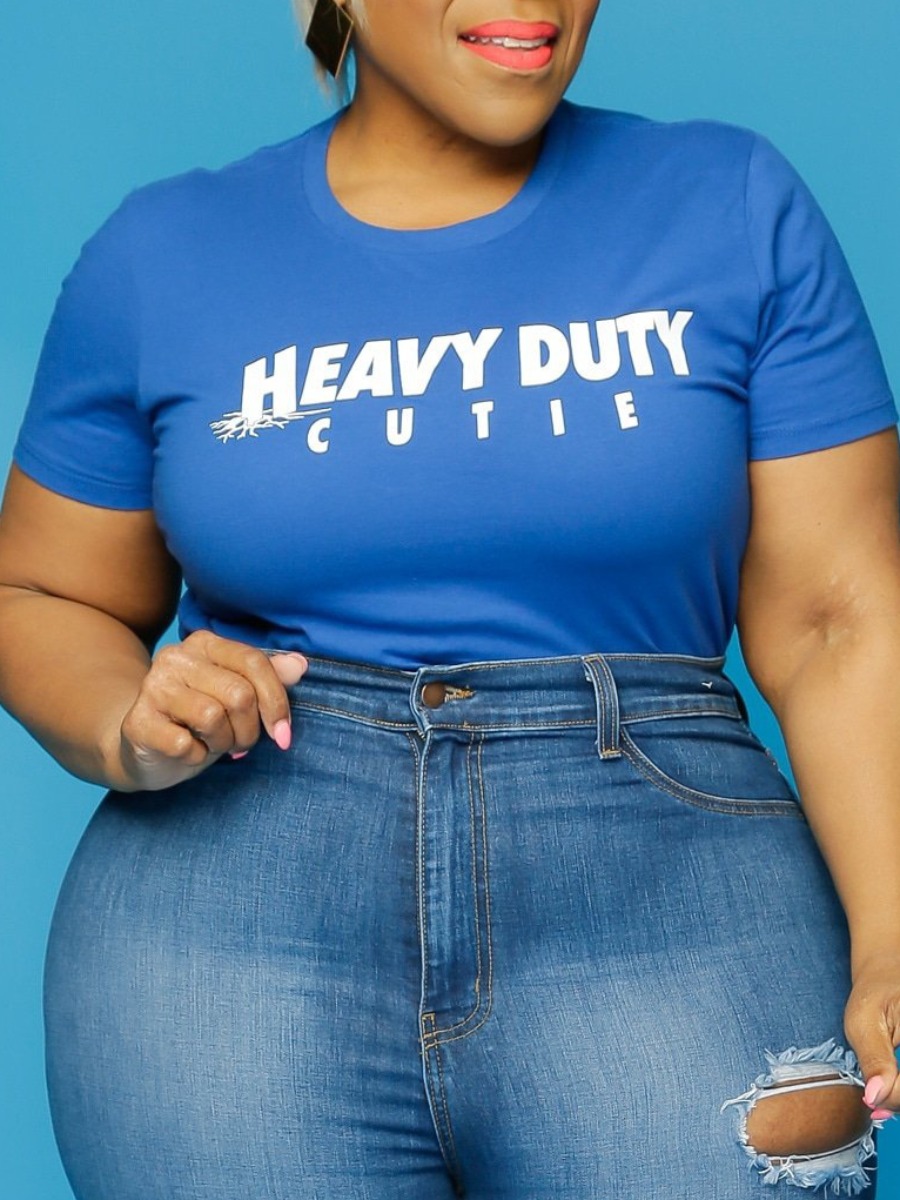 

LW BASICS Plus Size Casual Round Neck Letter Print Blue T-shirt
