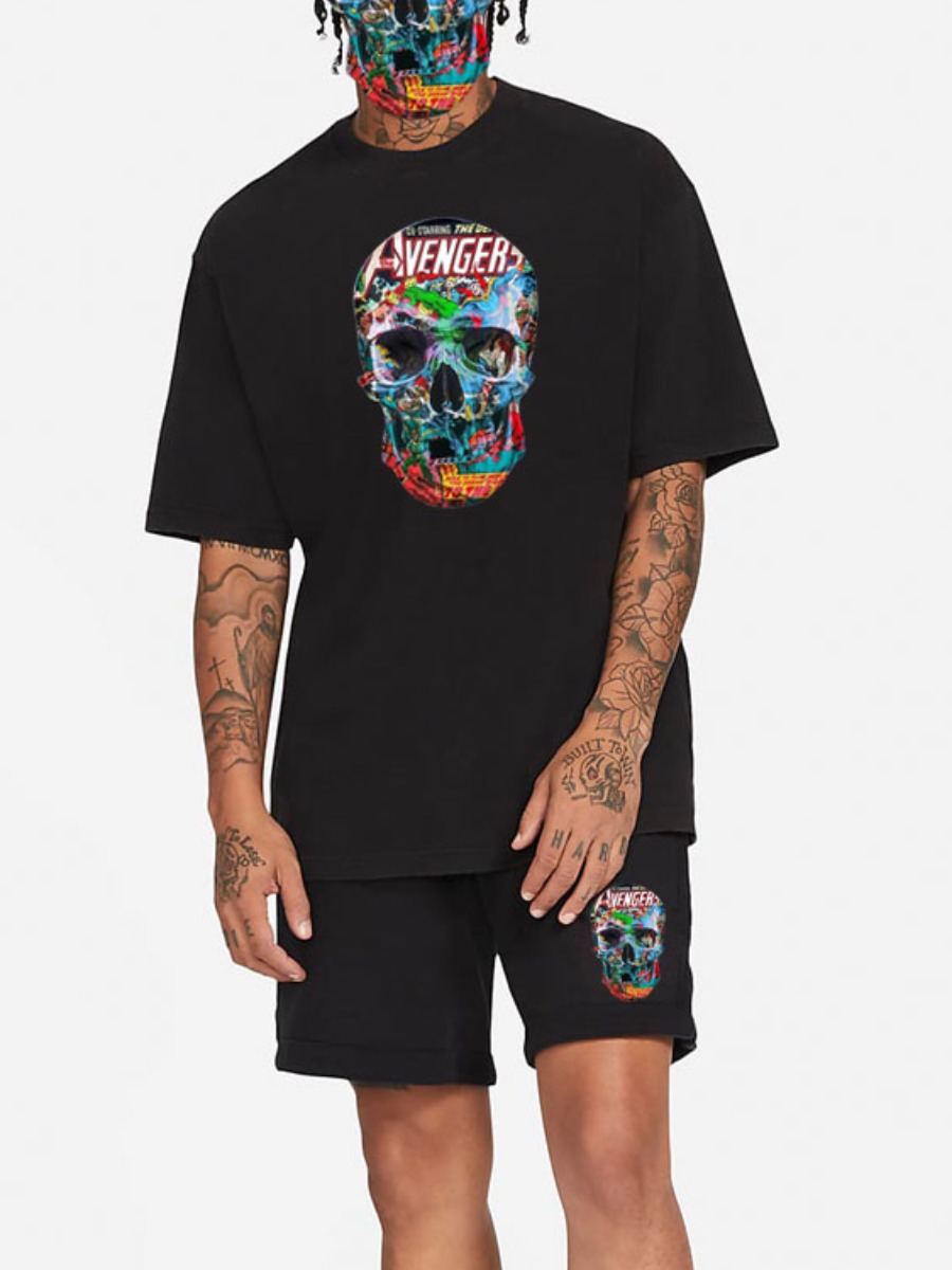 

Lovely Men Casual Skull Head Letter Print Black Two Piece Shorts Set