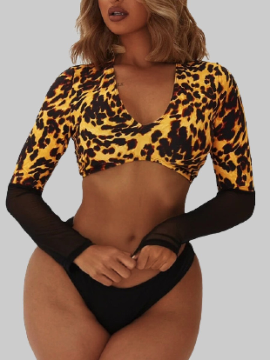 

Lovely Boho V Neck Leopard Print Yellow Tankini