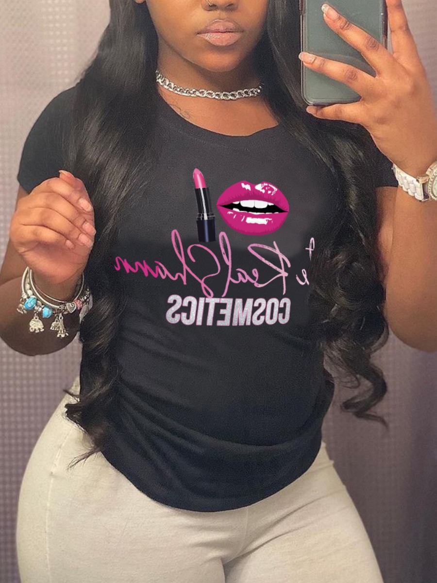 

Lovely Street Lip Letter Print Black T-shirt