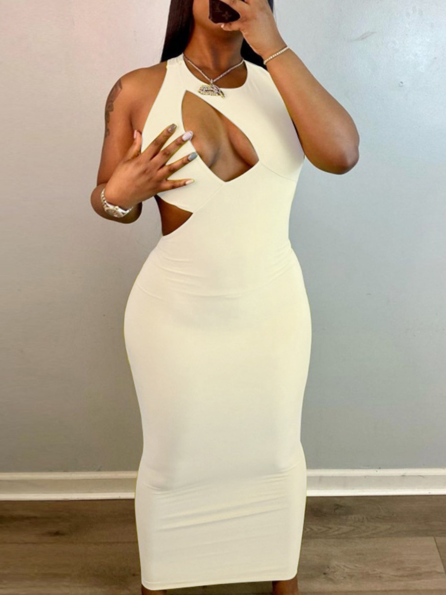 

Lovely Street Round Neck Hollow-out White Ankle Length Dress