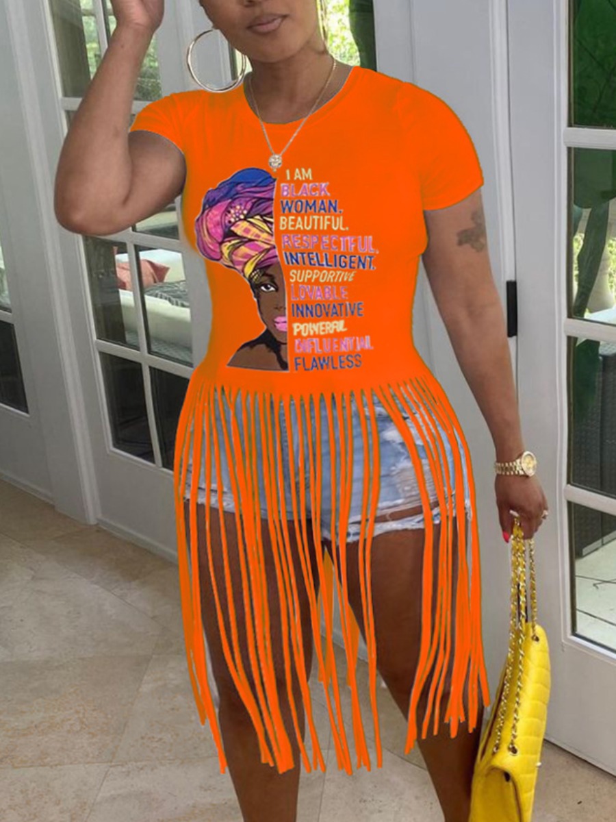 

Lovely Plus Size Street Letter Print Tassel Design Croci T-shirt