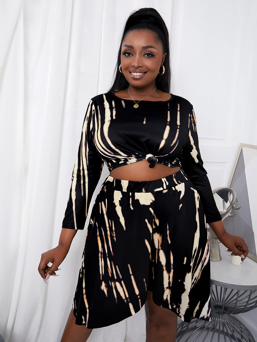 

Lovely Plus Size Casual Round Neck Tie-dye Black Two Piece Skirt Set