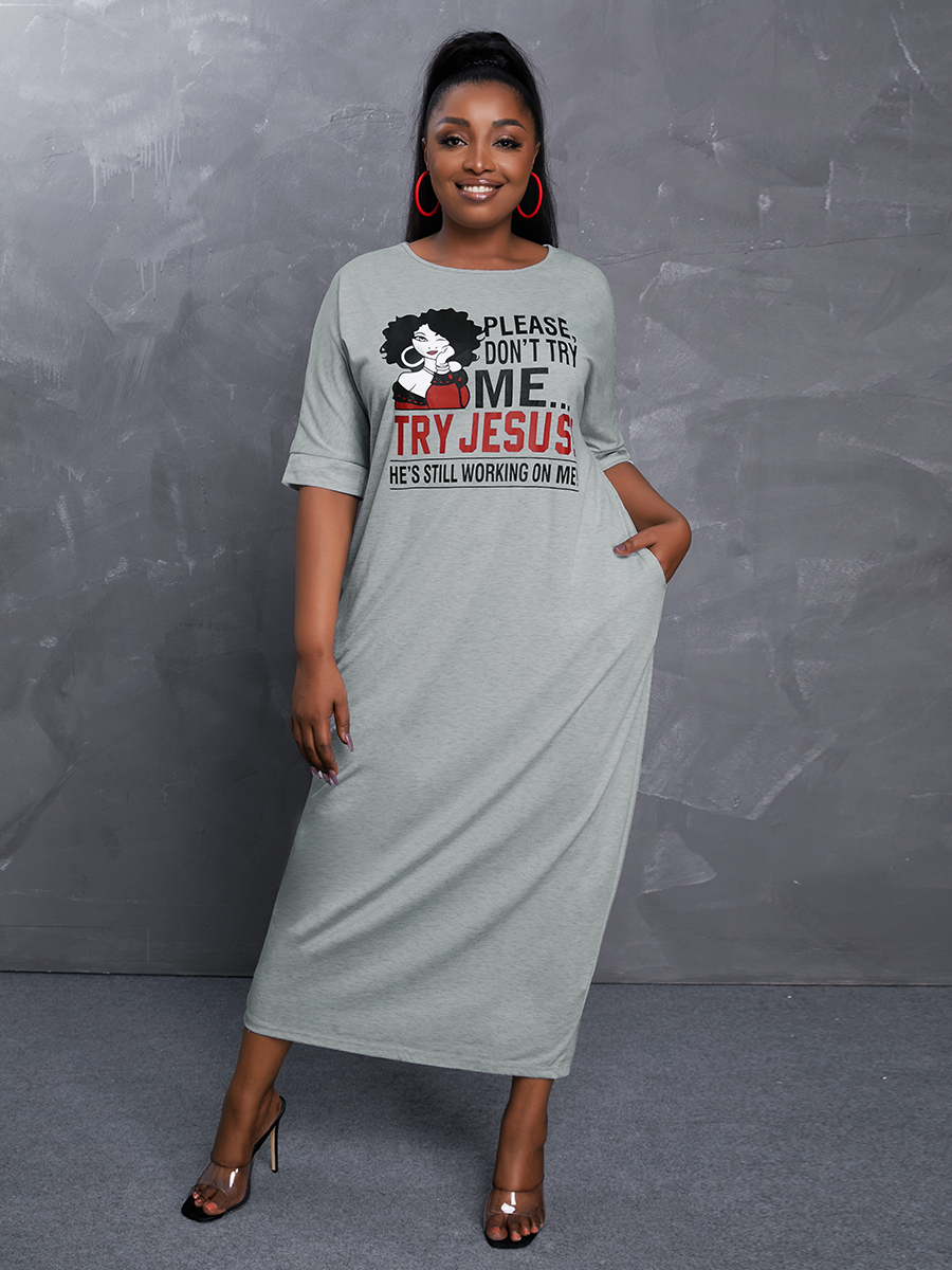 

LW BASICS Plus Size Casual Round Neck Letter Print Light Grey Mid Calf Dress