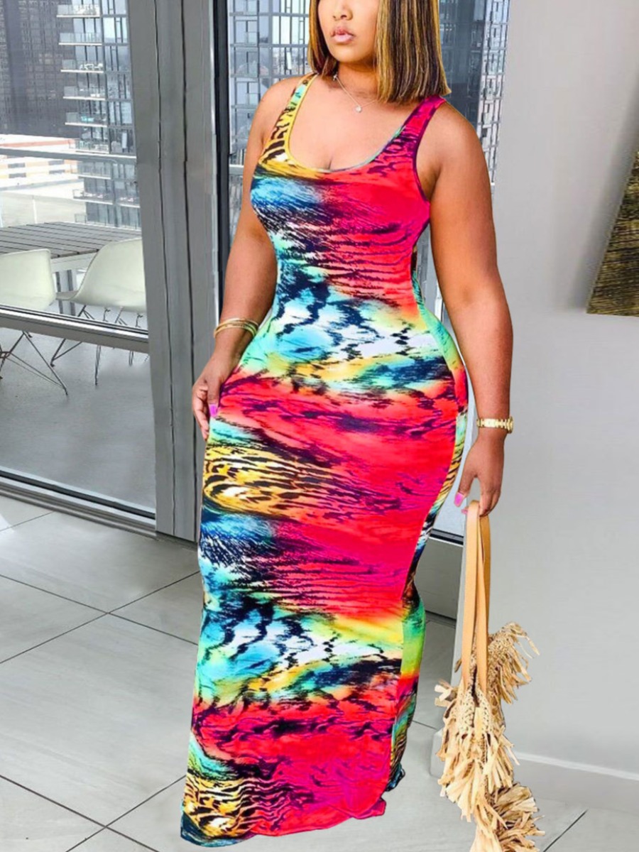

LW Plus Size Boho U Neck Tie-dye Red Floor Length Dress