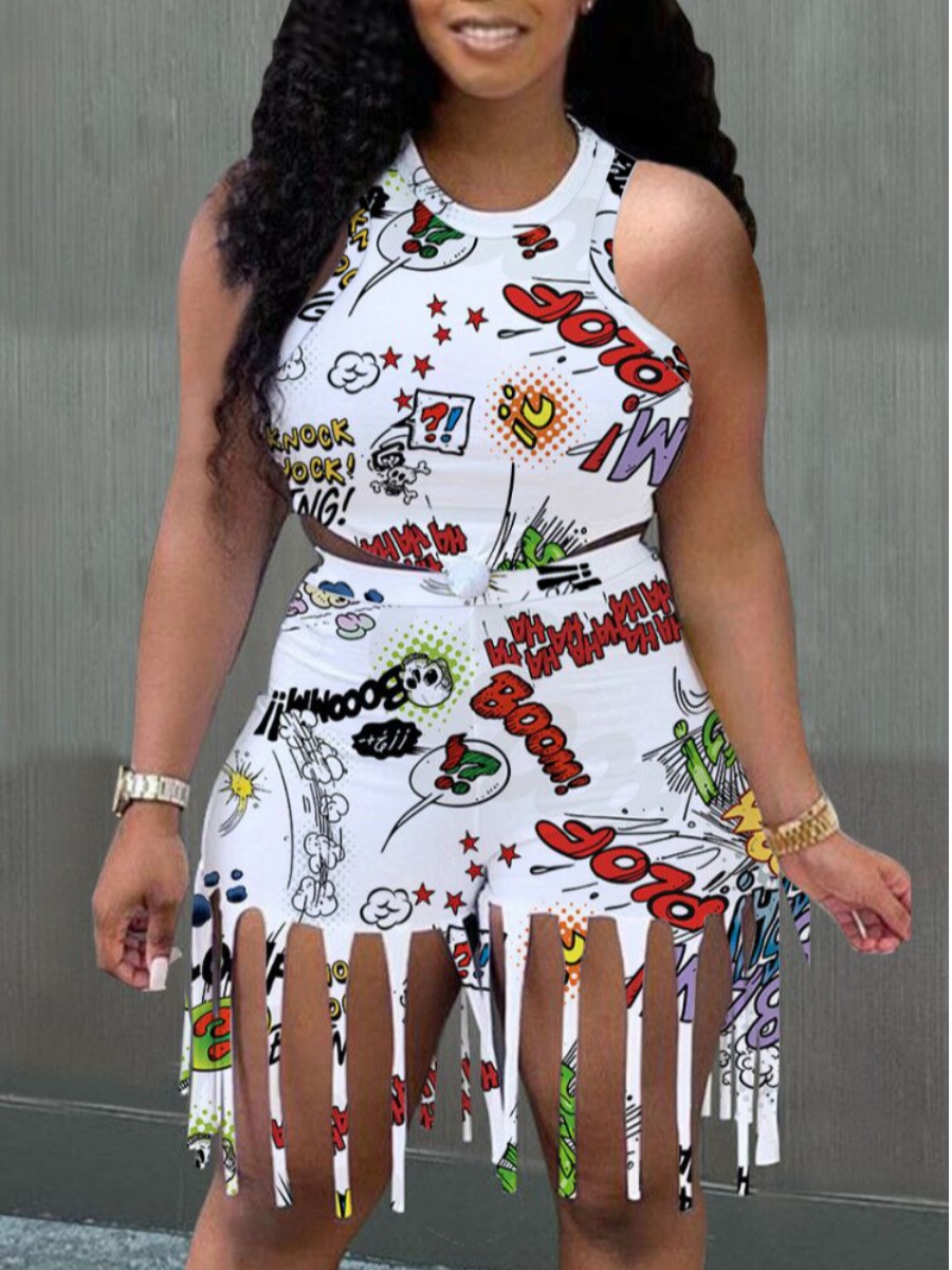 

LW Street Letter Print Tassel Design White Two Piece Shorts Set