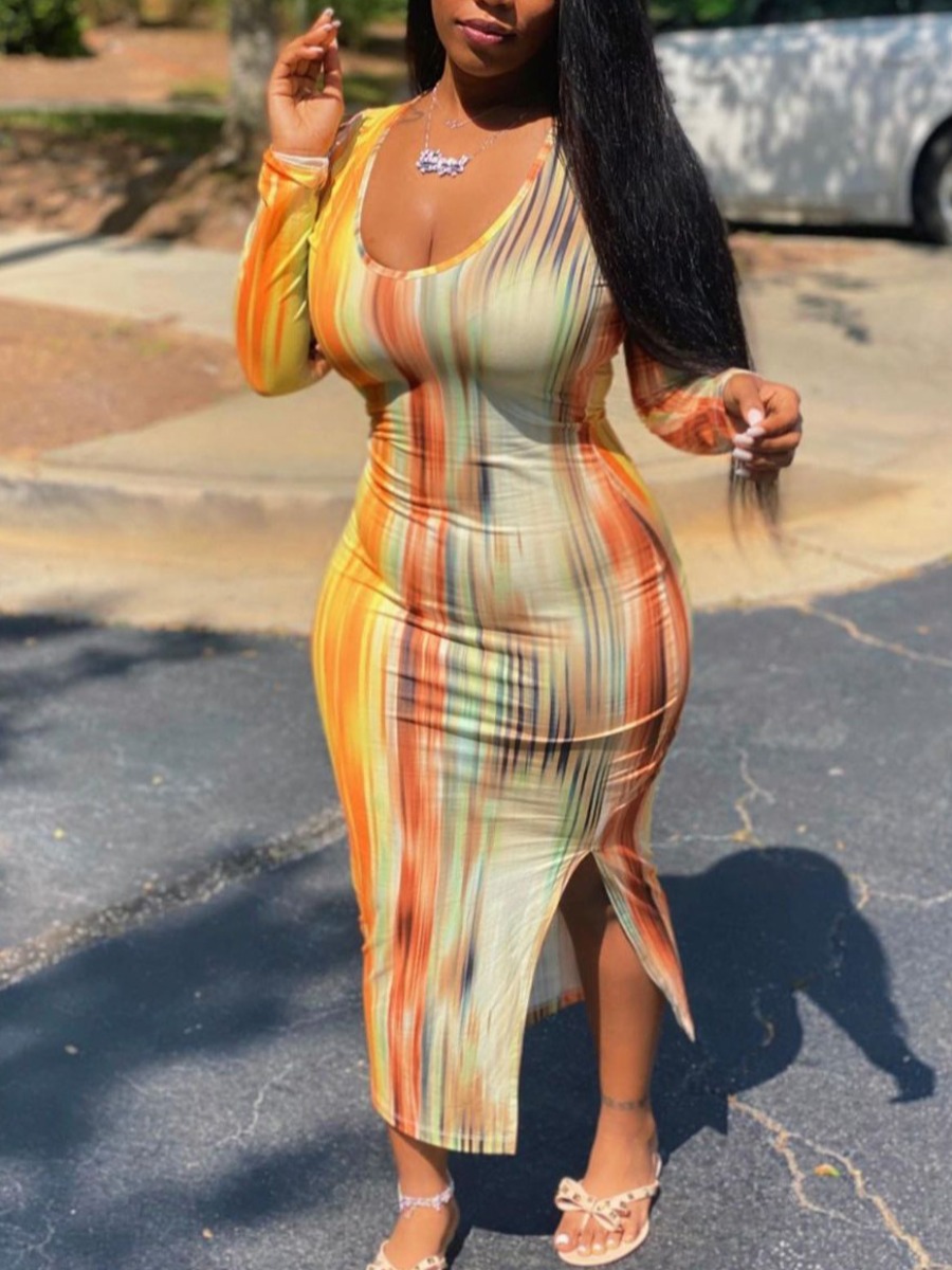 

LW Casual U Neck Tie-dye Slit Yellow Ankle Length Dress