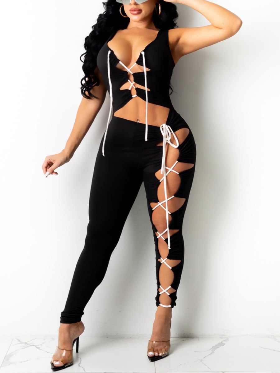

LW SXY Bandage Hollow-out Design Black One-piece Jumpsuit