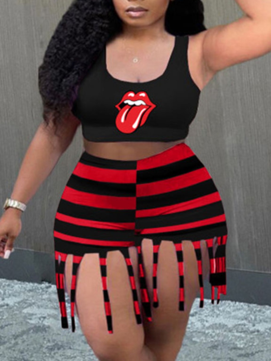 

LW Plus Size Street Striped Tassel Design Black Two Piece Shorts Set