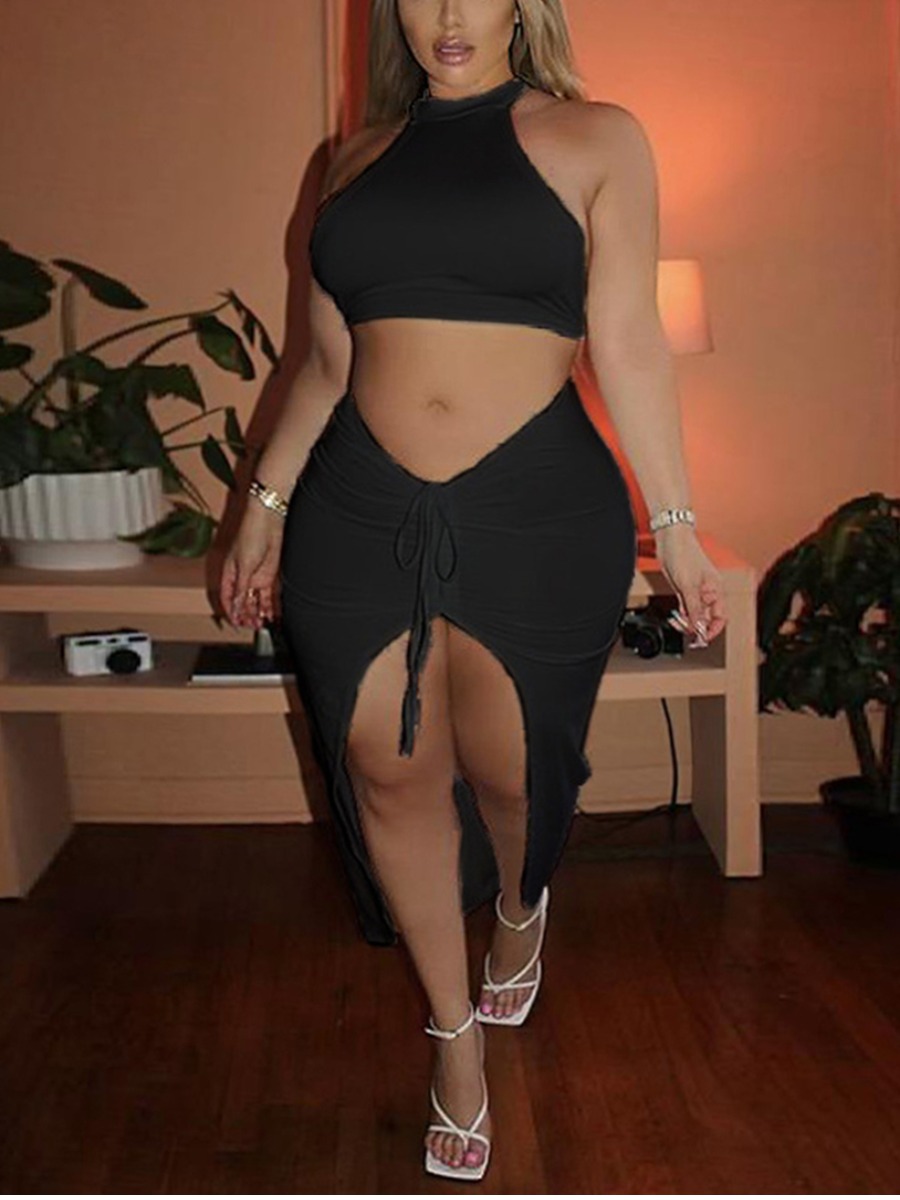 

Lovely Plus Size Sexy Backless Drawstring Black Two-piece Skirt Set