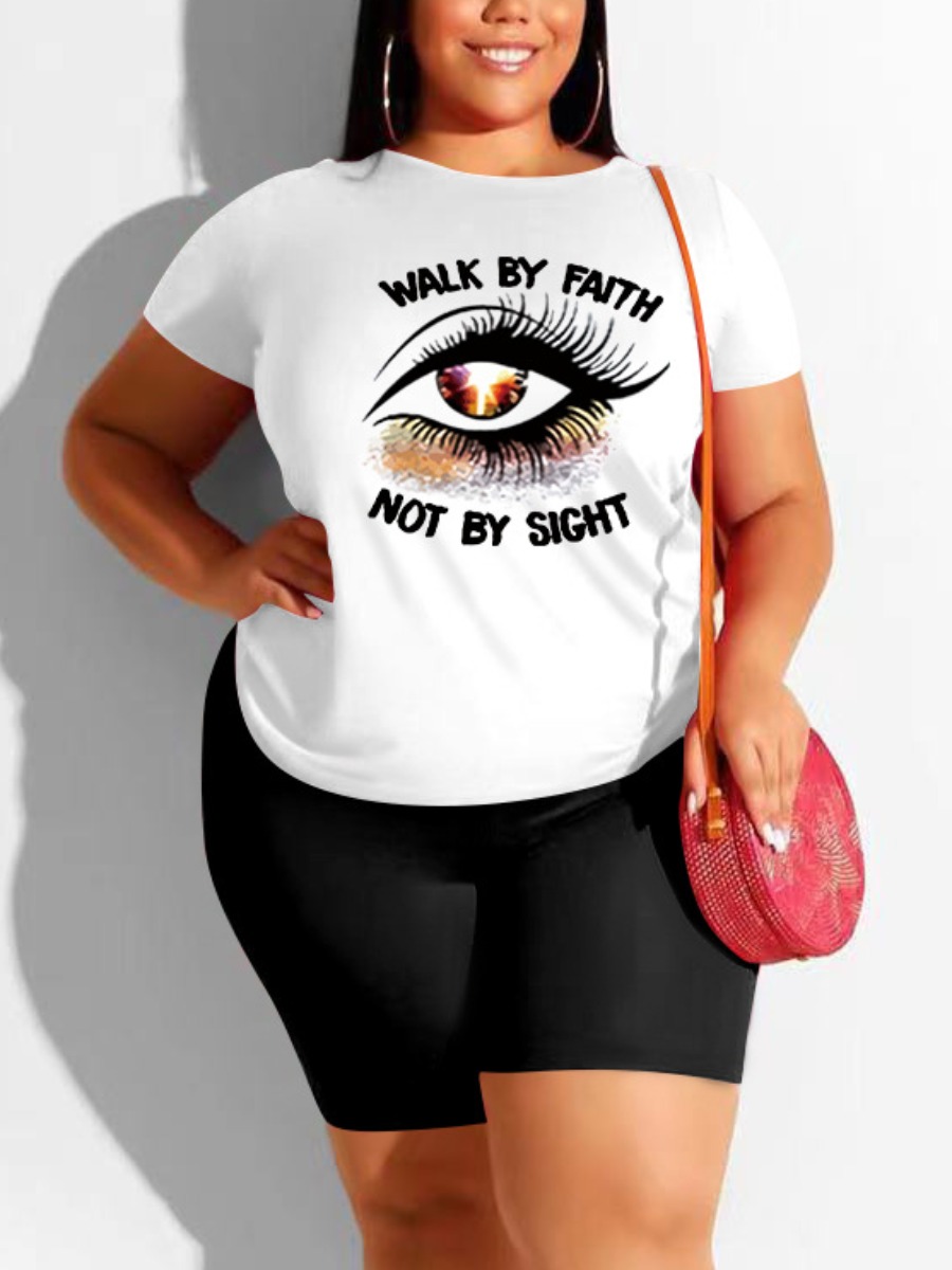 

Lovely Plus Size Casual Eye Letter Print White Two-piece Shorts Set
