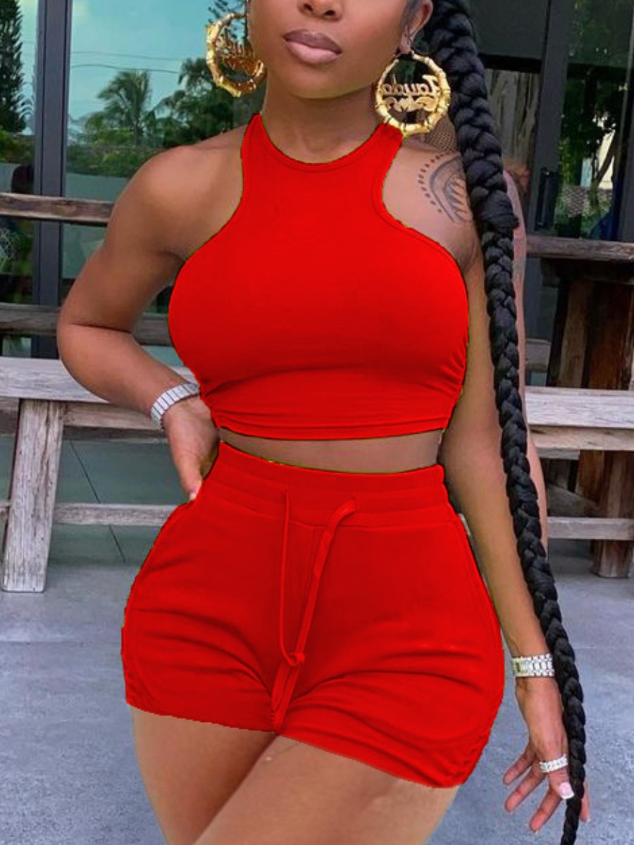 LW Street Round Neck Drawstring Red Two Piece Shorts Set Sale ...