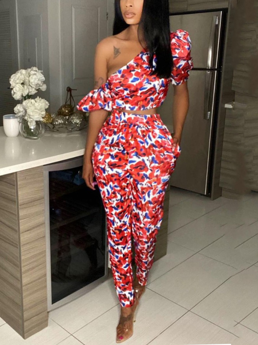 

Lovely Sweet Asymmetrical Neck Print Ruffle Design Red Two Piece Pants Set
