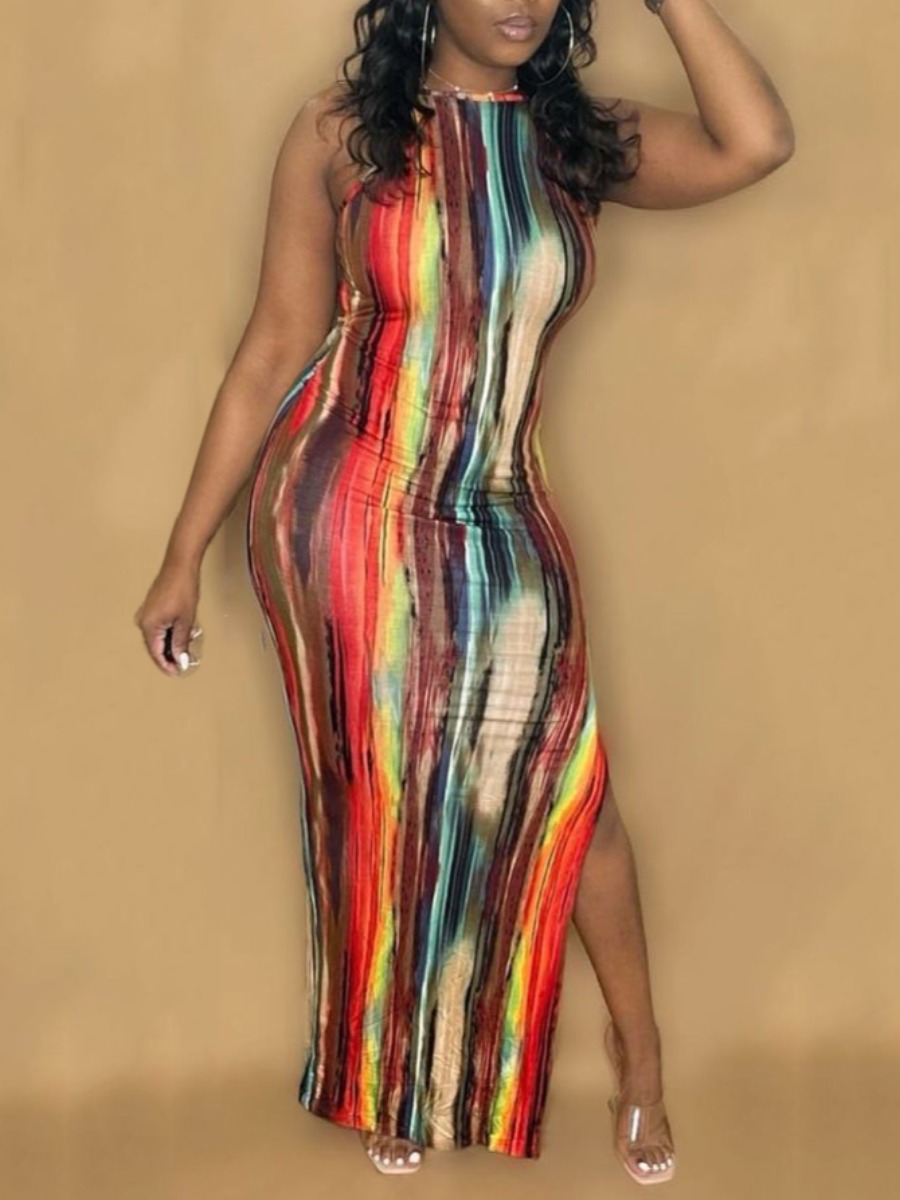 

Lovely Sexy Print Backless Slit Jacinth Ankle Length Dress