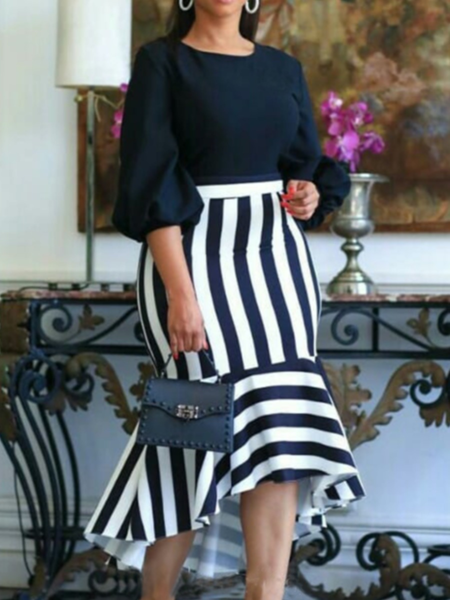 

LW Elegant Round Neck Striped Black Mid Calf Dress