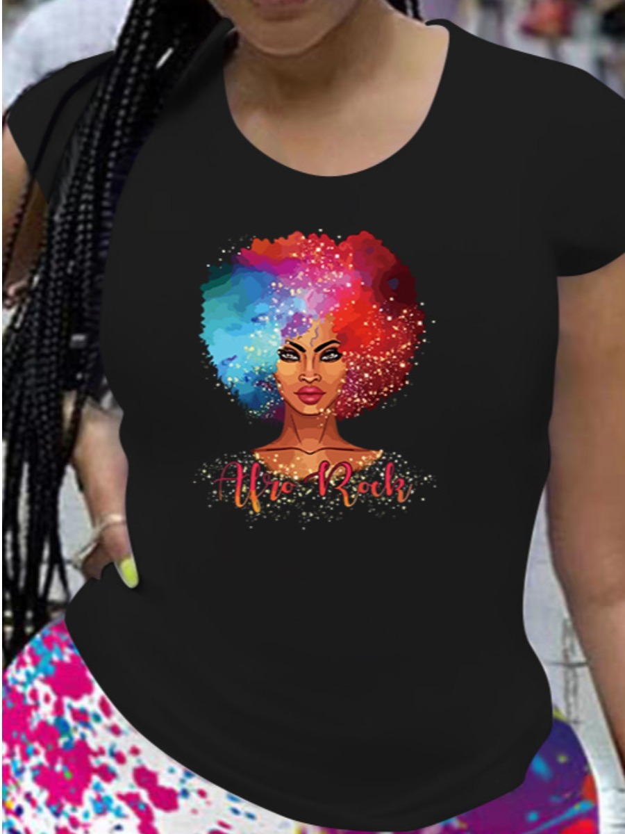 

Lovely Casual Round Neck Figure Print Black T-shirt