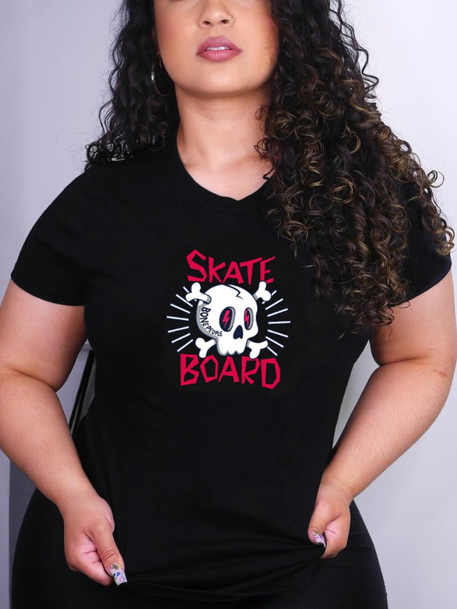 

LW Casual Skull Head Letter Print Black T-shirt