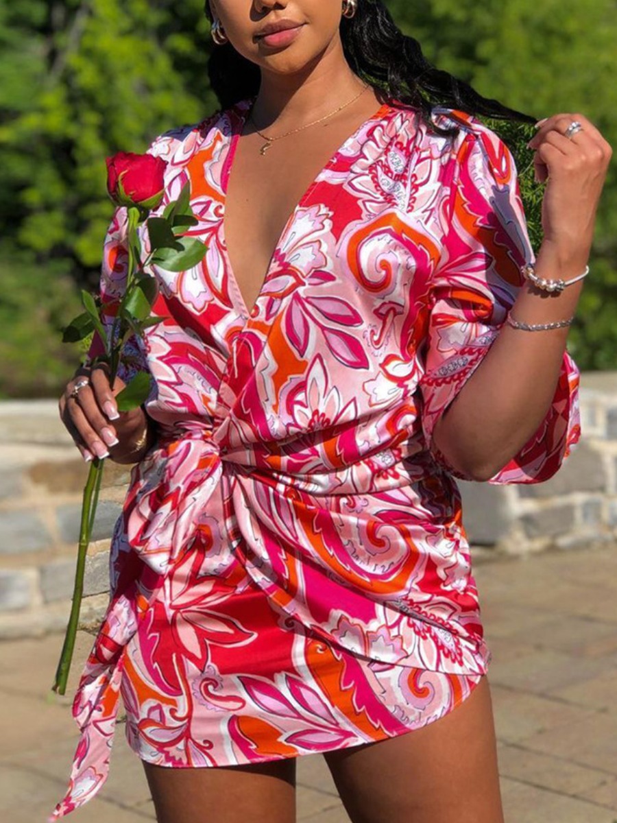 

Lovely Sweet Floral Print Bandage Design Red Mini Dress