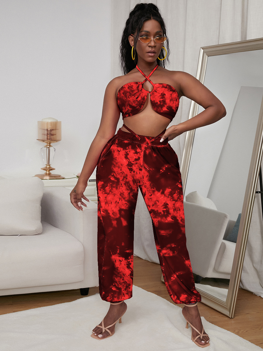 

LW Sexy Tie-dye Drawstring Red Two Piece Pants Set