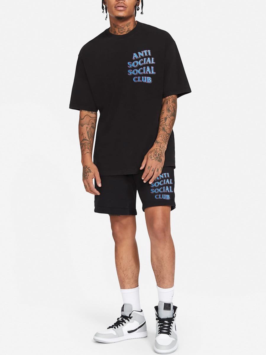 

Lovely Men Casual Round Neck Letter Print Black Two Piece Shorts Set