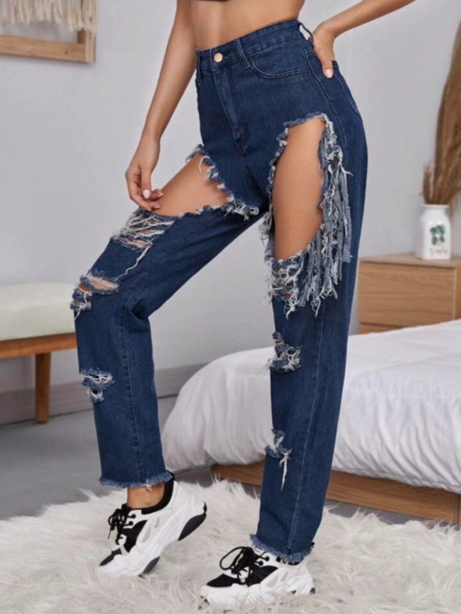 

LW Casual High-waisted Ripped Deep Blue Jeans