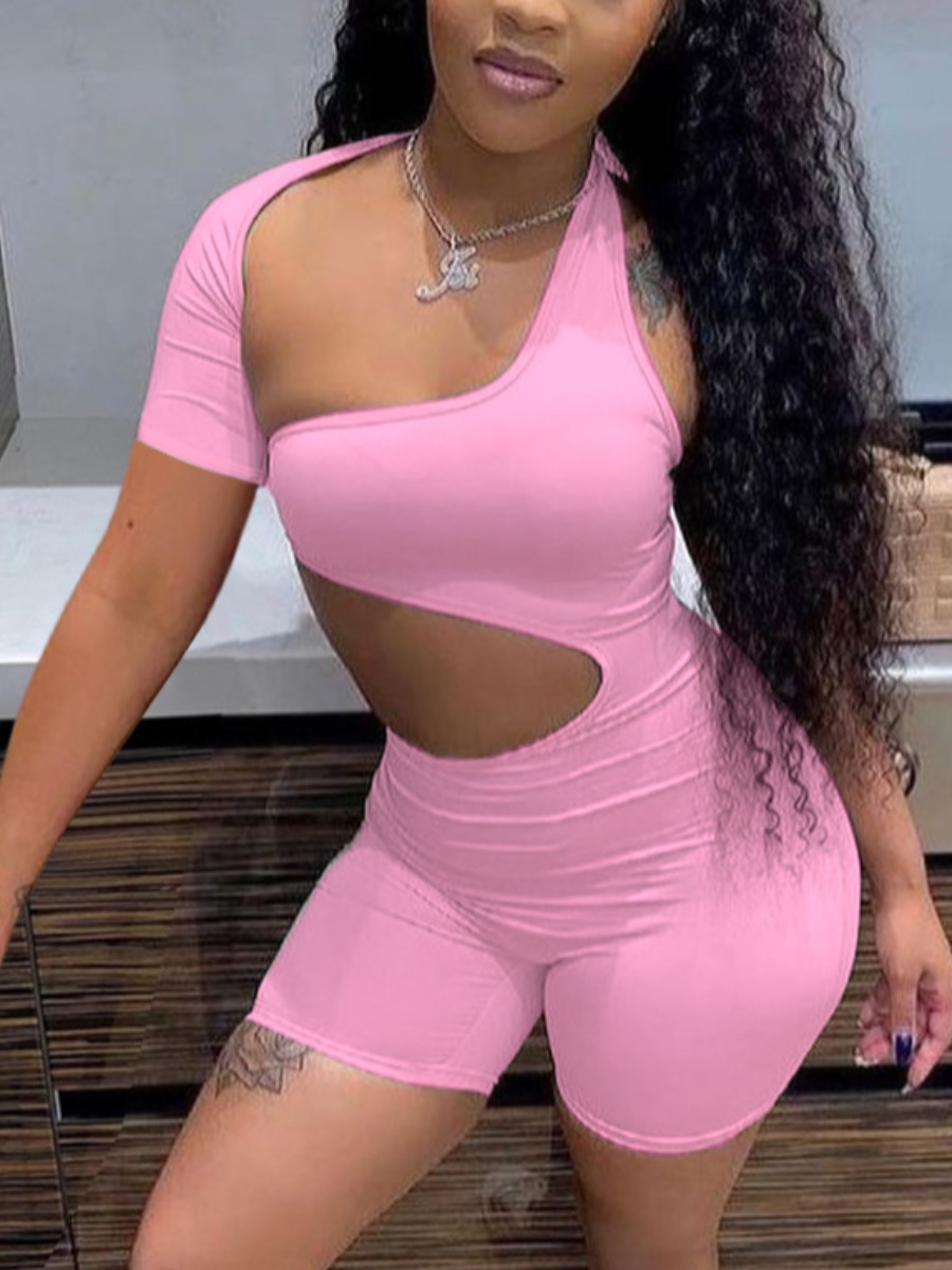 

LW Street One Shoulder Hollow-out Pink One-piece Romper