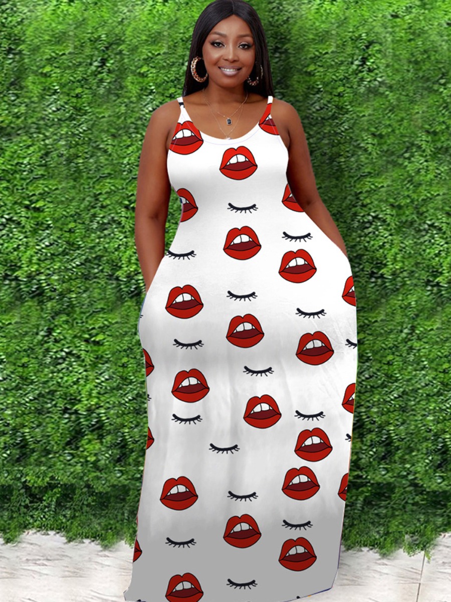 

LW Plus Size Casual Lip Print Pocket Design White Floor Length Dress