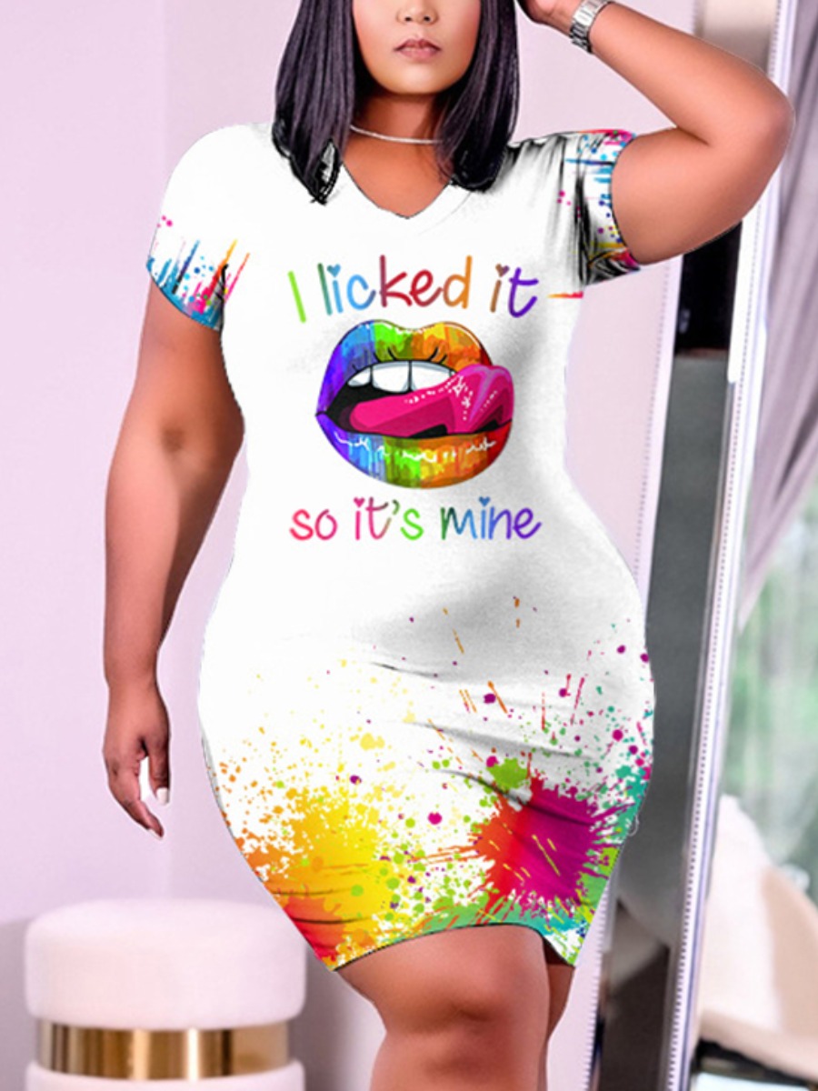 

Lovely Plus Size Street Lip Print Splash-ink Design White Knee Length Dress