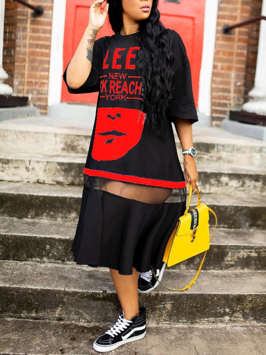 

Lovely Plus Size Street Letter Print See-through Red Mid Calf Dress