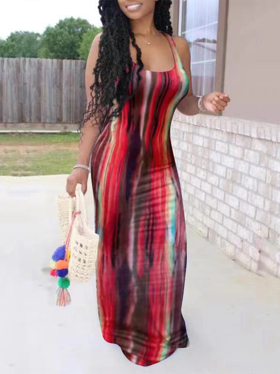 

Lovely Casual U Neck Tie-dye Red Floor Length Dress