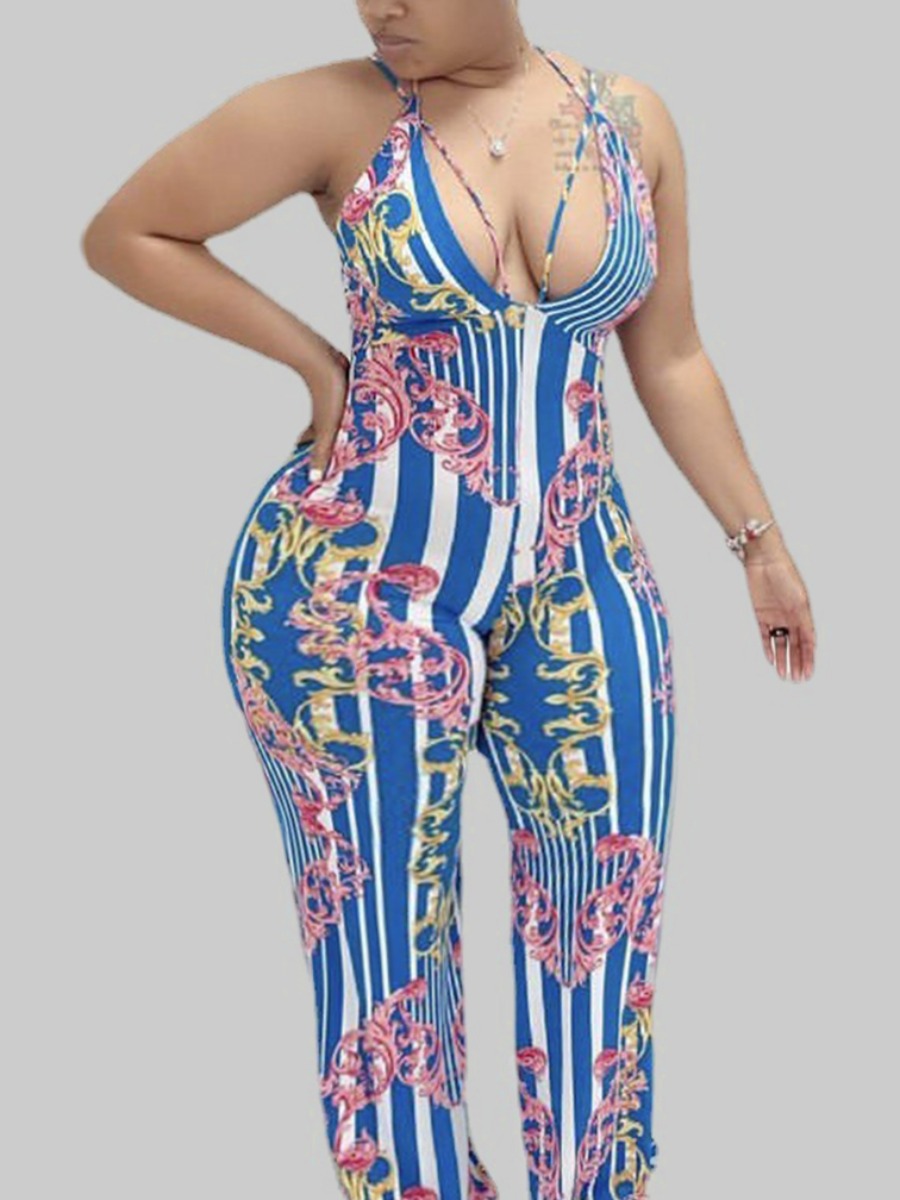 

Lovely Plus Size Boho Print Striped Blue One-piece Jumpsuit