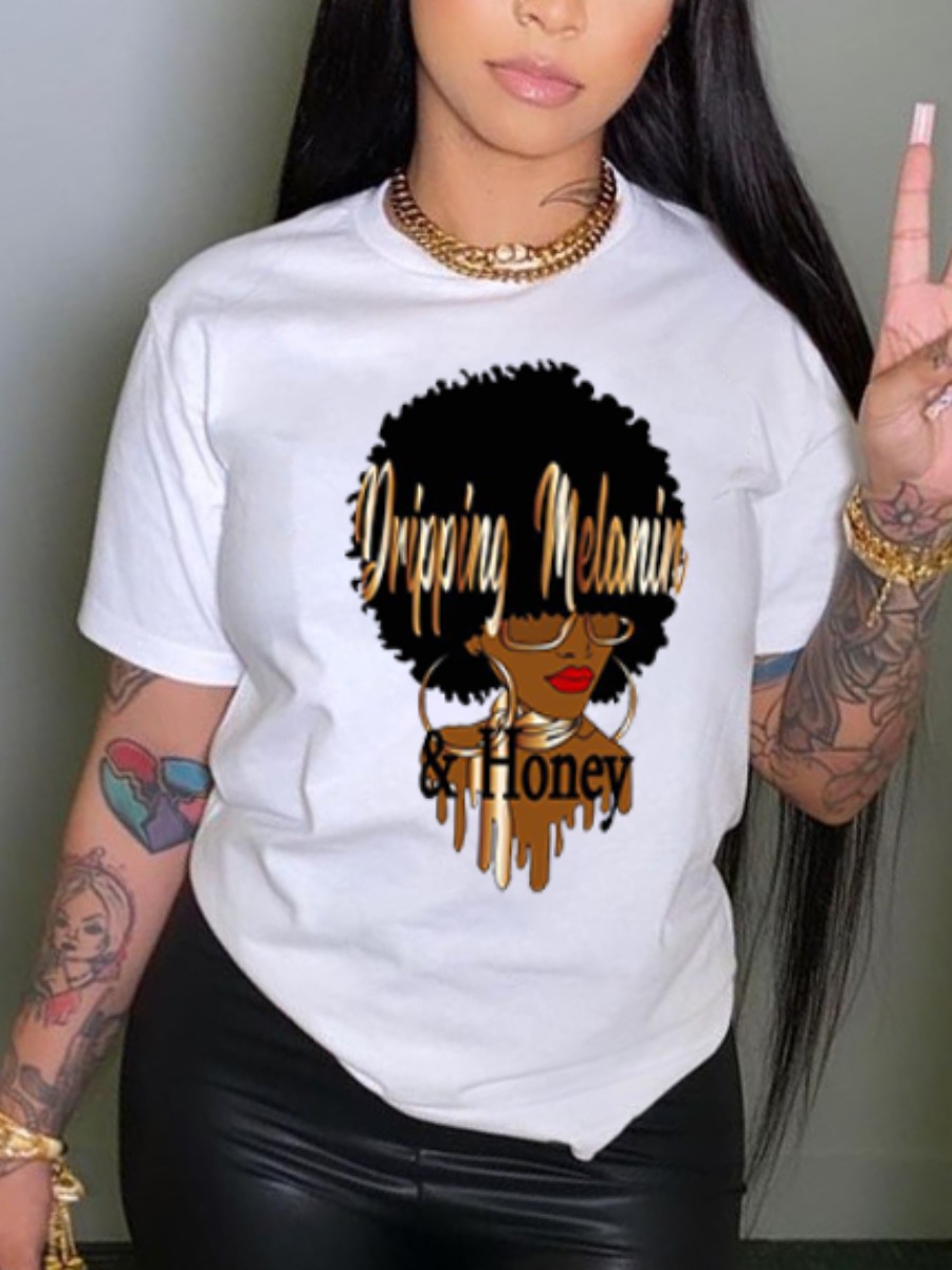 LovelyWholesale Casual Figure Letter Print White T-shirt Summer Short Sleeve Casual Basic Round Neck Spring Summer 2024