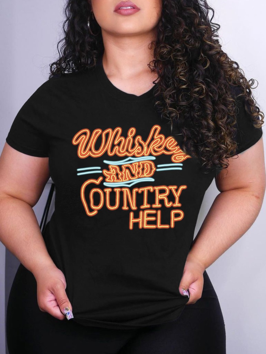 

LW Casual Round Neck Letter Print Black T-shirt