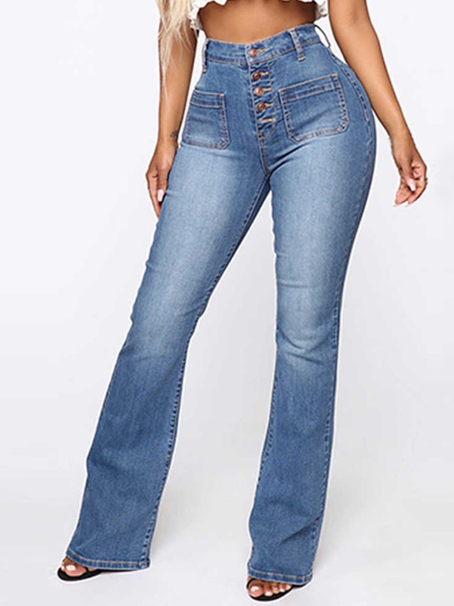 

Lovely Casual High-waisted Flared Baby Blue Jeans
