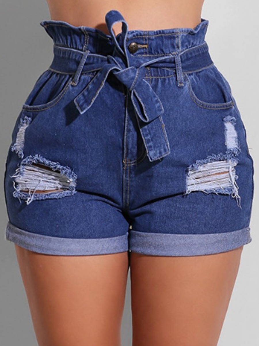 

Lovely Casual Ripped Bandage Design Deep Blue Denim Shorts