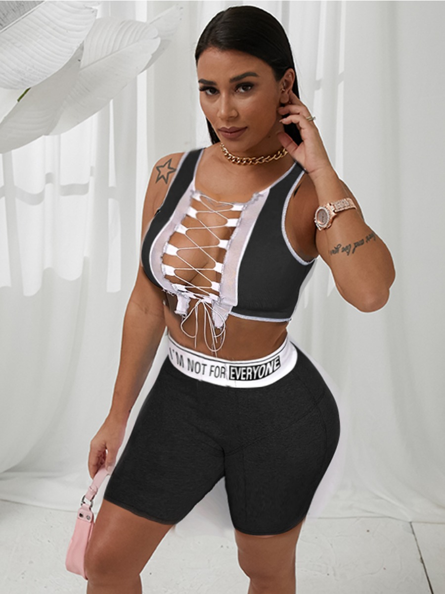 

Lovely Sporty Bandage Hollow-out Design Black Two Piece Shorts Set