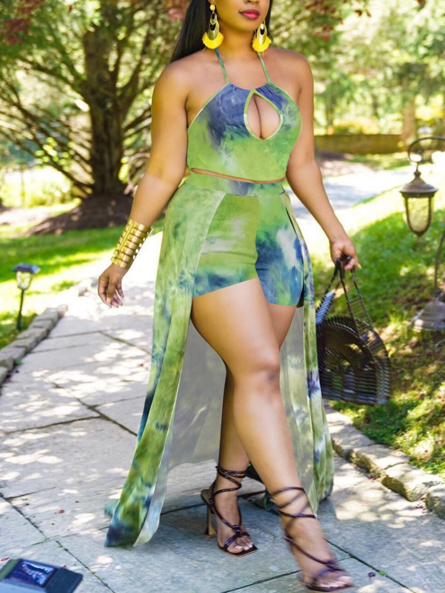 

Lovely Boho Tie-dye Mopping Skirt Green Two Piece Shorts Set
