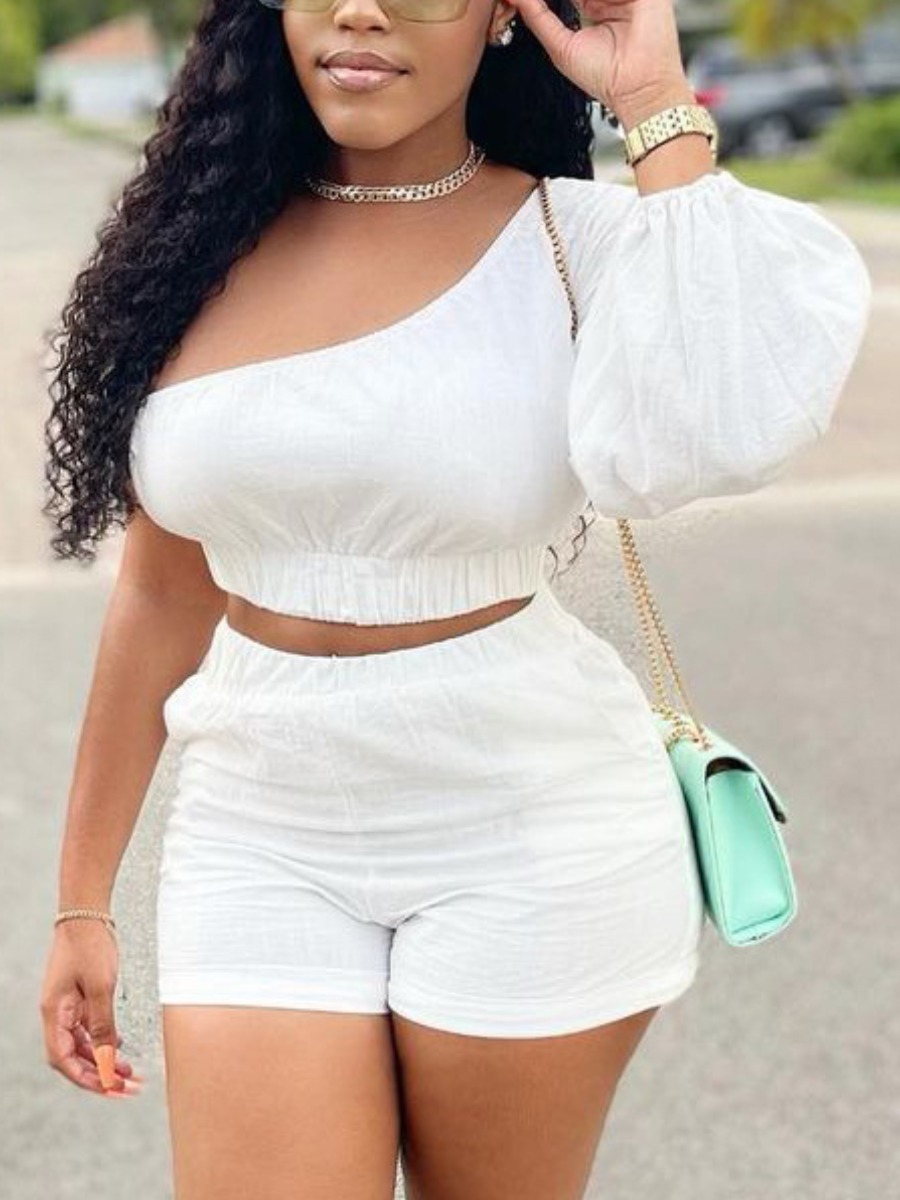 

Lovely One Shoulder Fold Design Crop Top Shorts Set, White