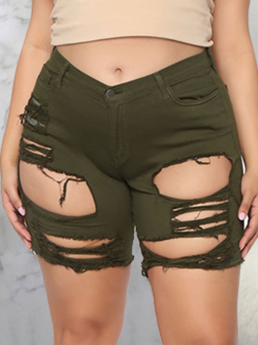 

LW Casual High-waisted Ripped Army Green Denim Shorts