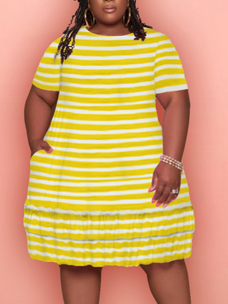

LW Plus Size Casual Round Neck Striped Yellow Knee Length Dress