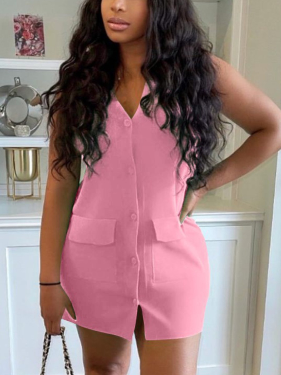 

Lovely Business Pocket Button Design Pink Mini Dress