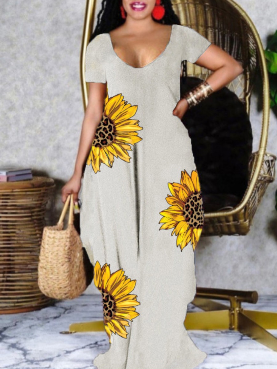 

LW Plus Size U Neck Sunflower Print Dress, Light grey