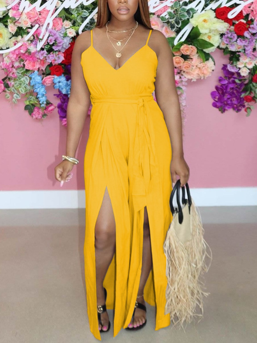 

Lovely Casual Wide Leg Slit Yellow One-piece Jumpsuit